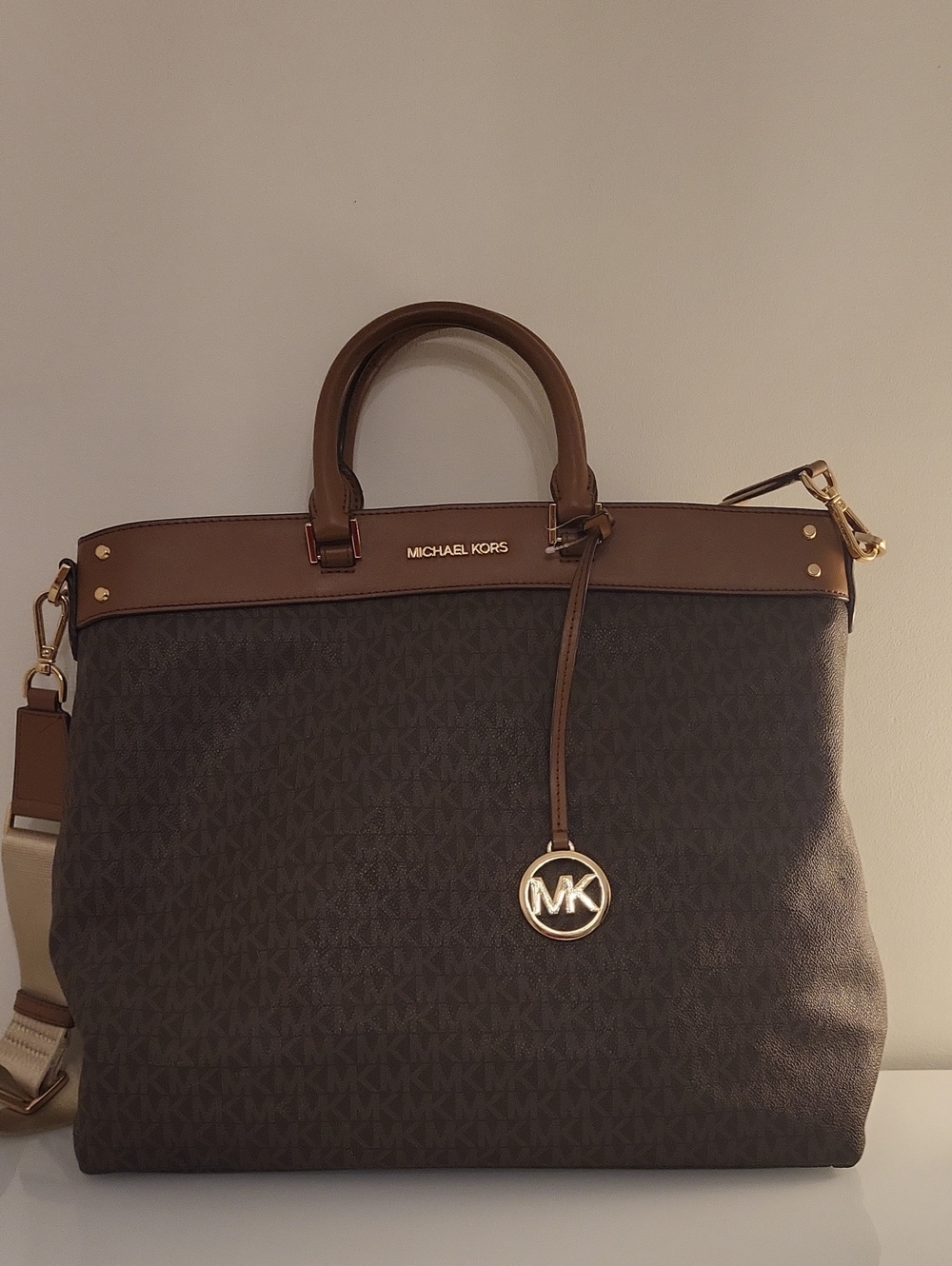 Michael Kors Brown Monogram Satchel with Gold Hardware